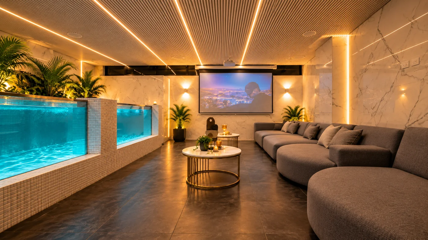 Middle Pool Duplex glass-sided pool and lounge